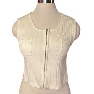 White Sleeveless Zip-Up Front Cotton Knit Top